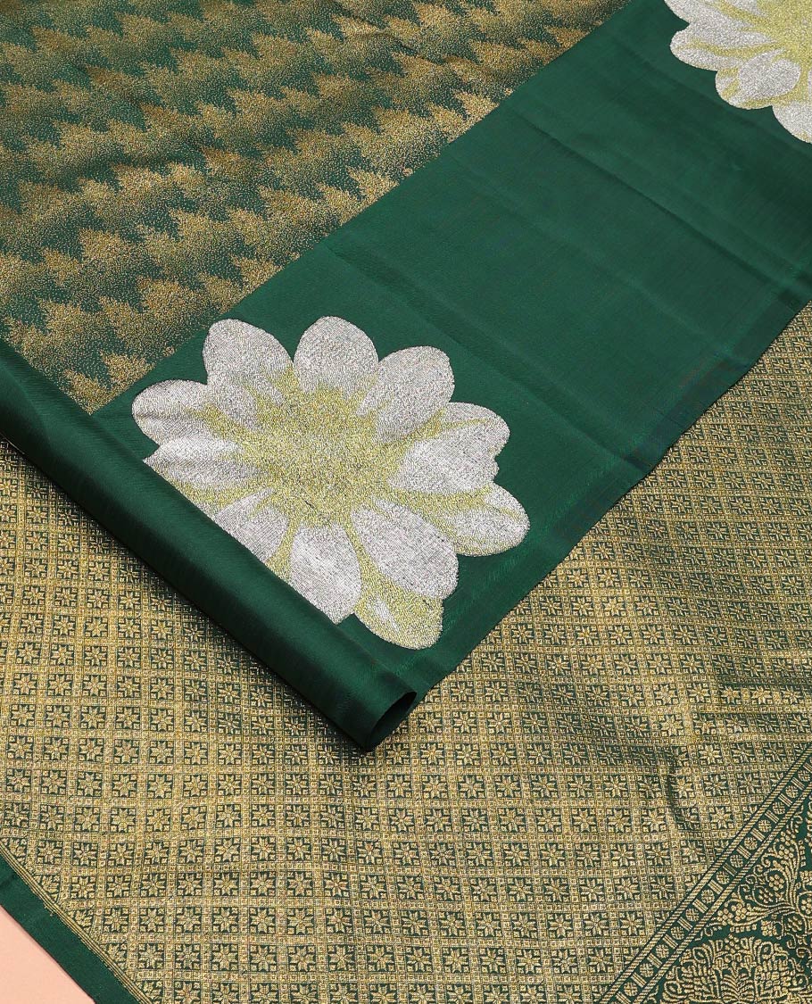 Green tree motifs Kanchipuram designer saree, big marigold floral motifs woven border, and jaal pallu