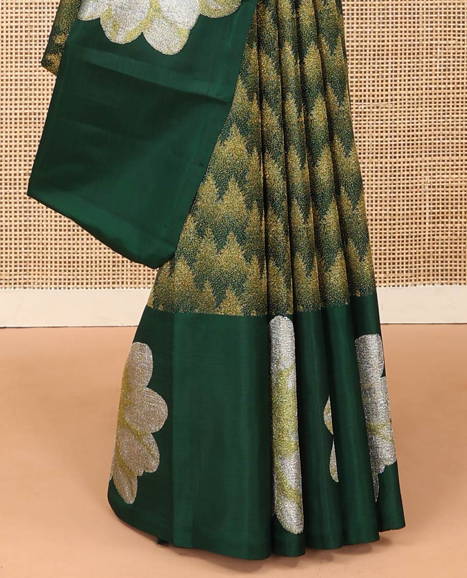 Green tree motifs Kanchipuram designer saree, big marigold floral motifs woven border, and jaal pallu