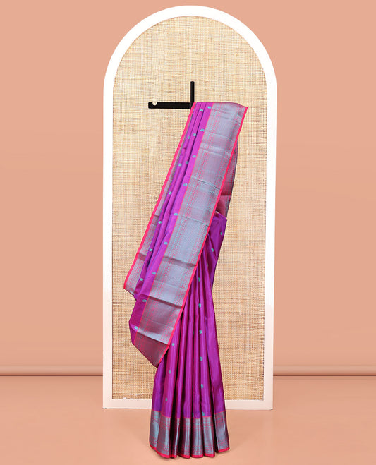 Purple Kanchipuram Designer Silk Saree, Delicately Woven with Mayil and Chakram Thread Buttas, Highlighted by Contrast Border of Thilakam, Banaras, Muthu, Rudraksham, Neli, and Vanki Designs, Delicately Woven Pallu, and Paired with a Contrast Blouse
