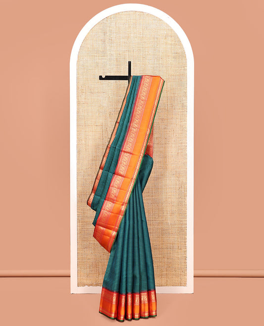 Multi-Color Kanchipuram Silk Saree, Gleamed Up with Kasa-Kasa Checks, Contrast Rettai Pettu Border of Lavangam, Mayil and Diamond Designs, Pallu of Intricate Design, and a Contrast Blouse