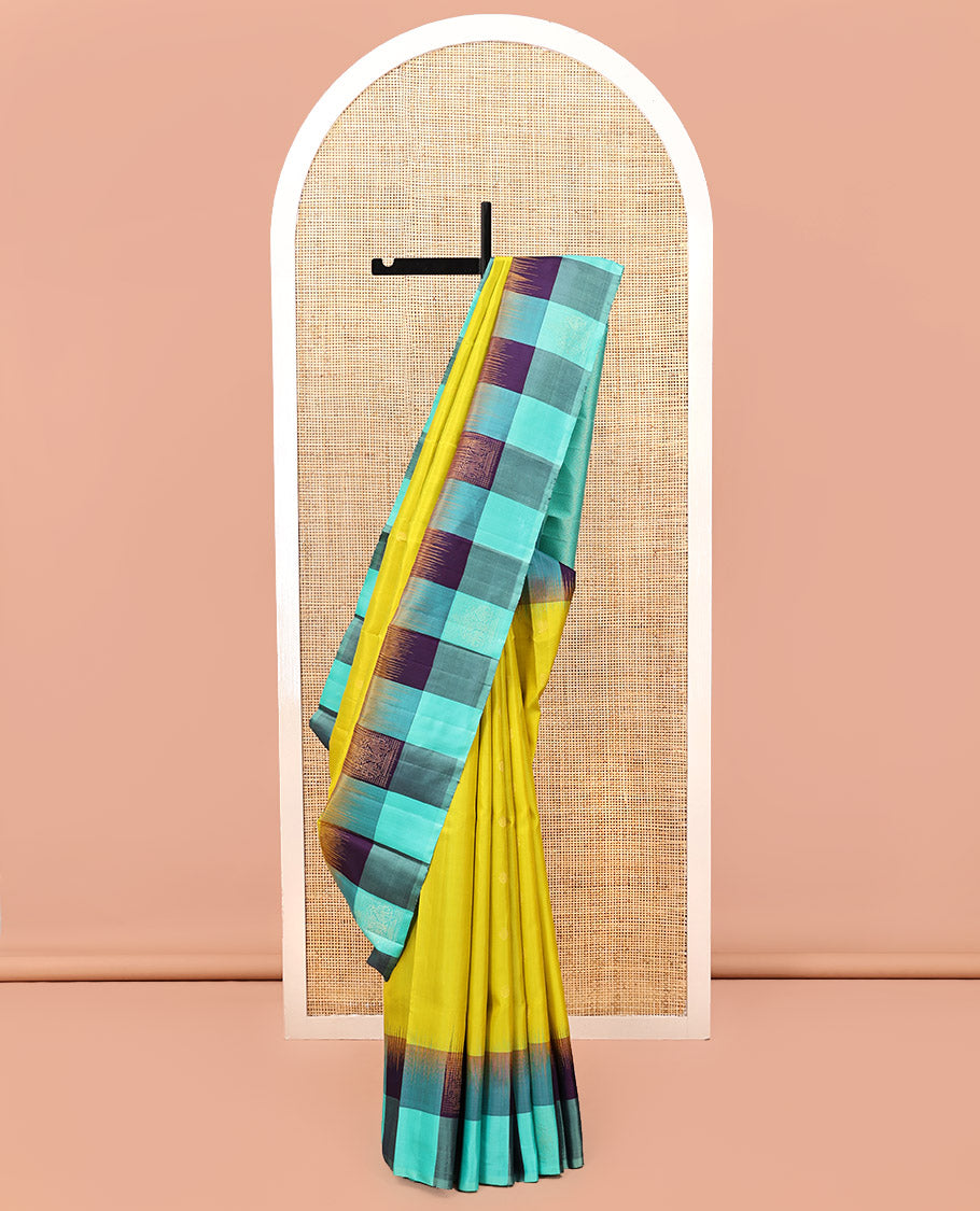 Yellow Kanchipuram Silk Saree, Sparsely Woven with Buttas, a Contrast Checked Sparsely Woven Border, Jaal Pallu, and a Contrast Blouse