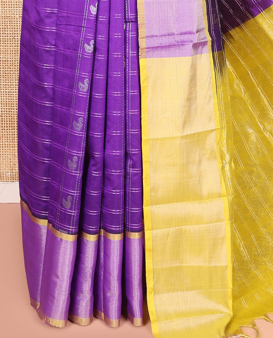 Violet Kuppadam Cotton Saree, Sparsely Woven with Bird Butta Enclosed Checks All Over Its Body, Complemented by a Contrast Border, Sparsely Woven Pallu of Floral-Paisley Designs, and Paired with a Contrast Blouse