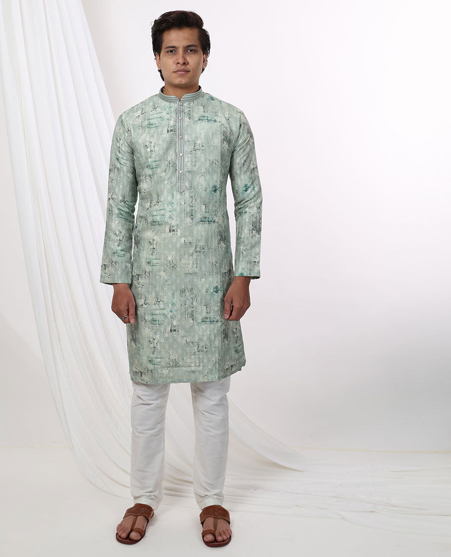 Mint green abstract design mandarin collar & full-sleeve long raw silk kurta 