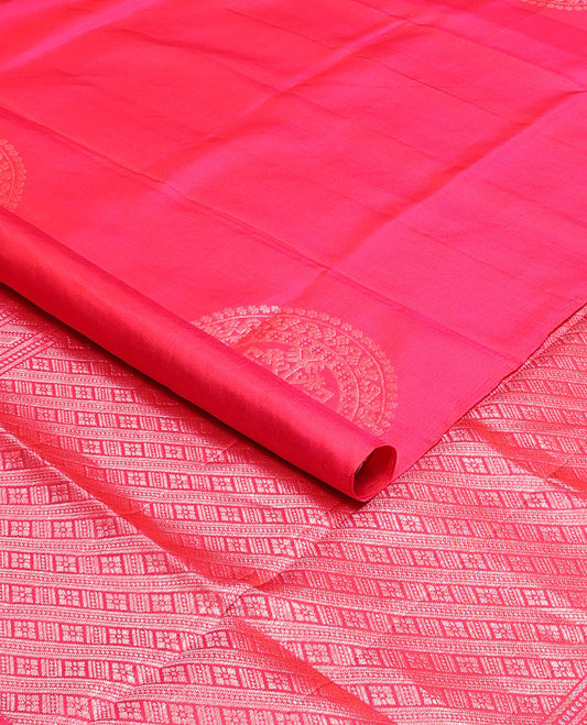 Borderless red round floral buttas mayuri soft silk saree with geometric design pallu