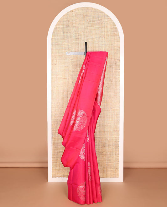 Borderless red round floral buttas mayuri soft silk saree with geometric design pallu