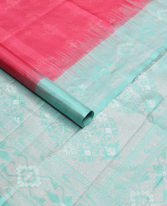 Red zari buttas soft silk saree, contrast paithani-style floral & muniya border & intricate floral design pallu