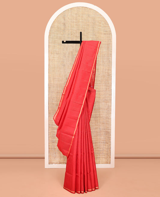 Red Mayuri Lite Silk Mix Saree, Adorned with Muthu Stripes on Its Body, Subtle Piping Border, Pallu of Poun, Mayil, and Kili Designs, and Paired with a Matching Blouse
