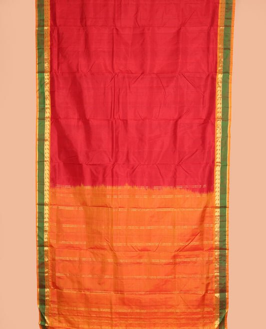 Red vazhaipoo striped ten-yard silk saree, contrast rettai pettu border of kathir & kuyil kann manga design & zari striped pallu