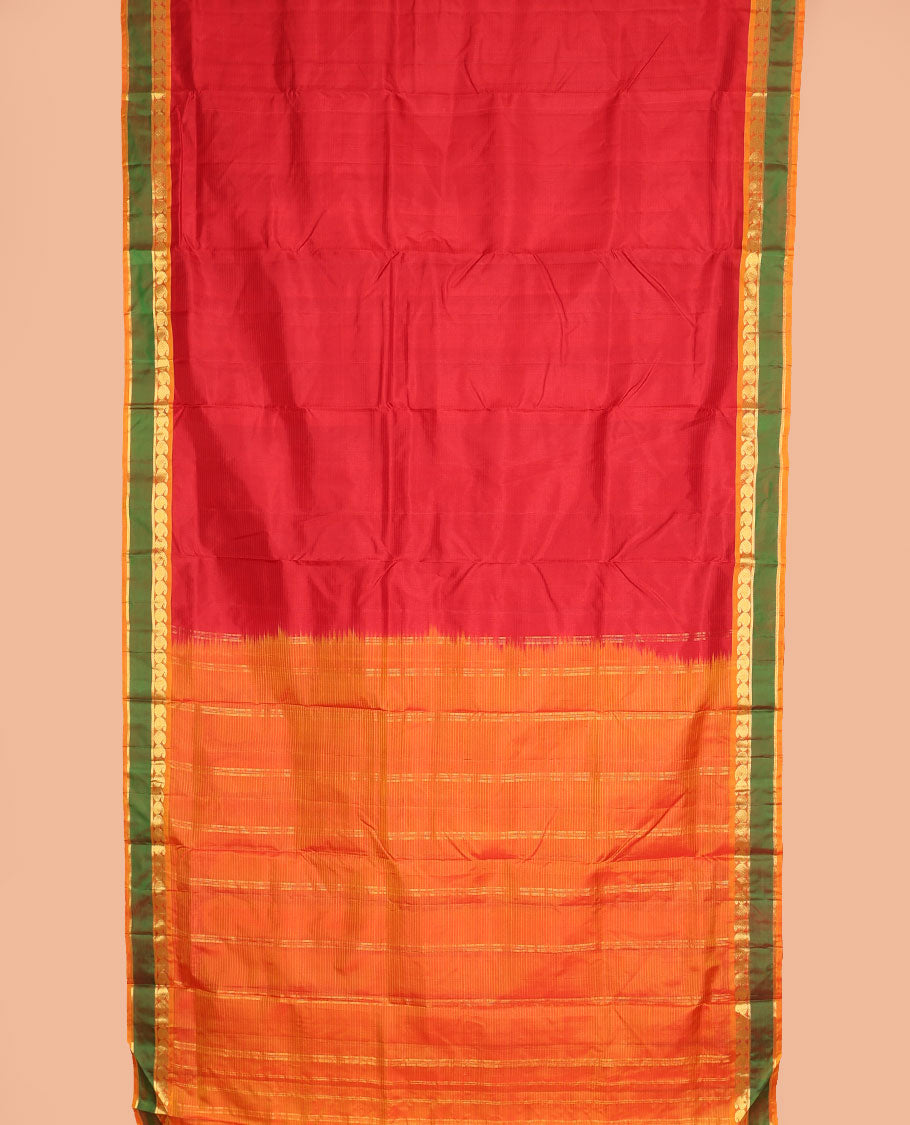 Red vazhaipoo striped ten-yard silk saree, contrast rettai pettu border of kathir & kuyil kann manga design & zari striped pallu