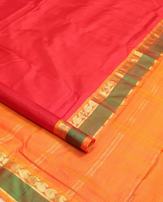 Red vazhaipoo striped ten-yard silk saree, contrast rettai pettu border of kathir & kuyil kann manga design & zari striped pallu