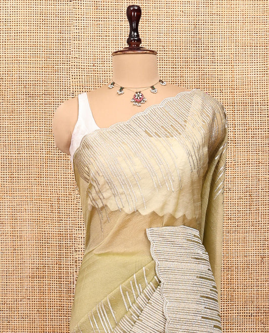 Pale Green Organza Saree, Artfully Detailed with Vine-Thread Embroidery, Scallop-Border, and a Matching Blouse