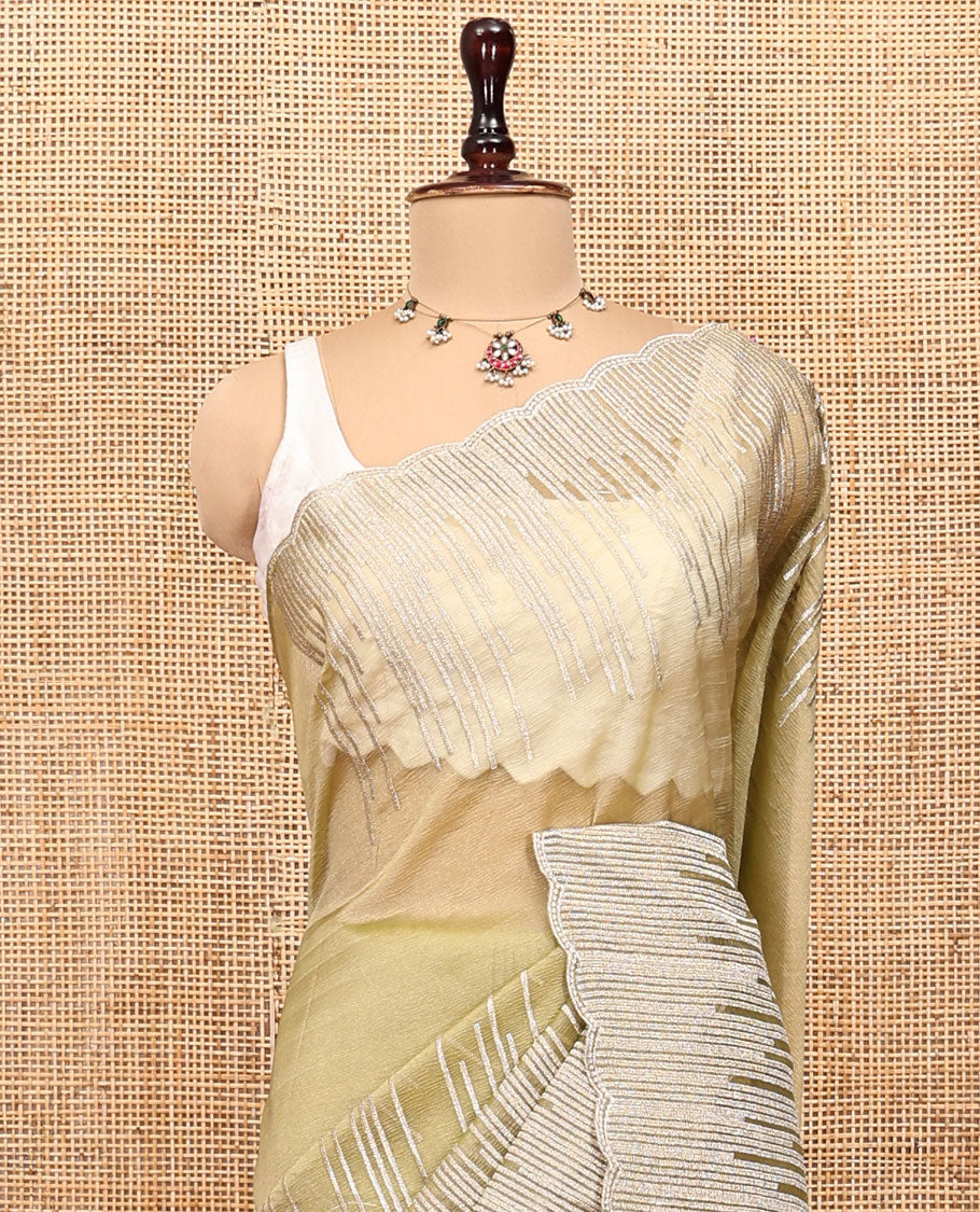 Pale Green Organza Saree, Artfully Detailed with Vine-Thread Embroidery, Scallop-Border, and a Matching Blouse