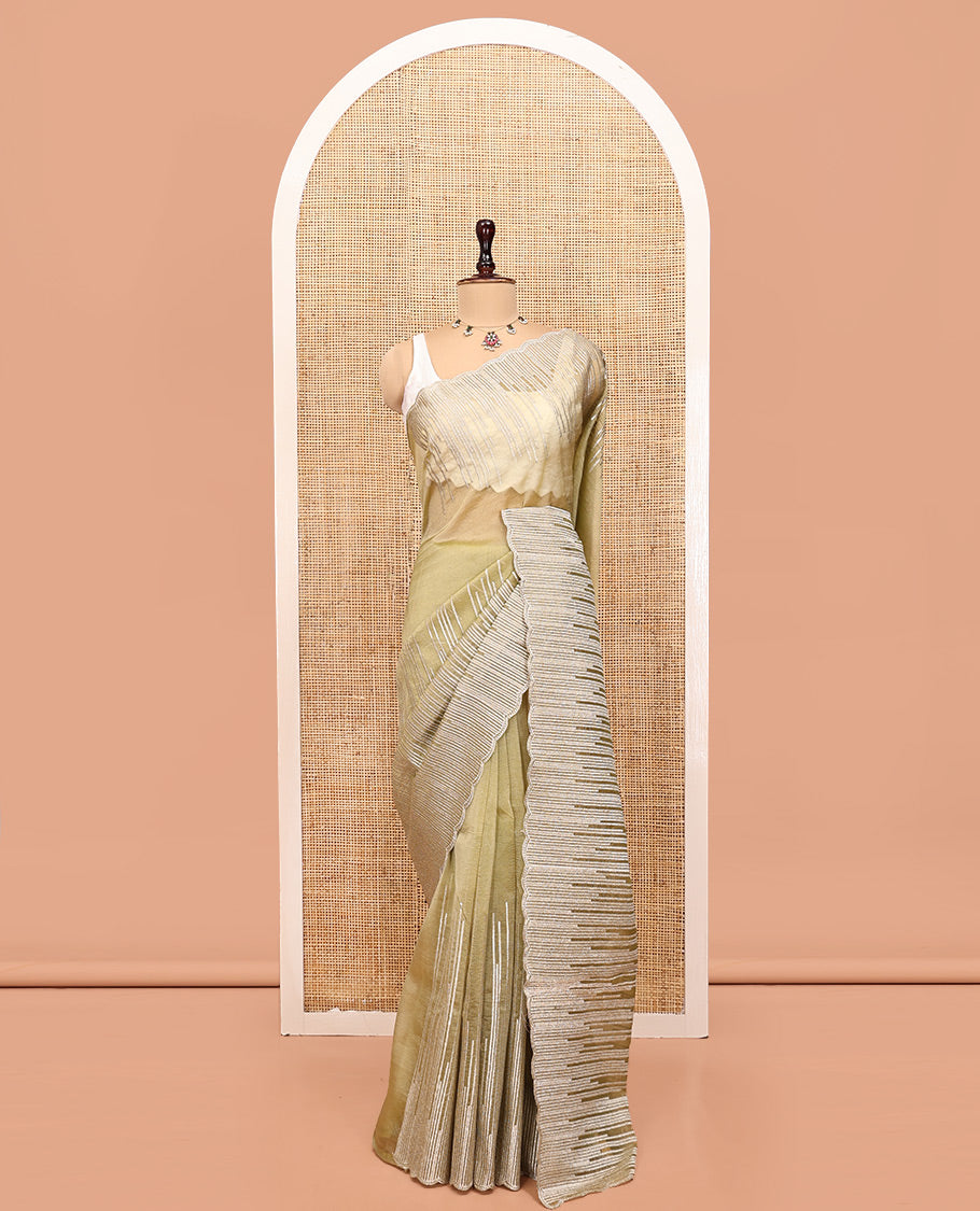 Pale Green Organza Saree, Artfully Detailed with Vine-Thread Embroidery, Scallop-Border, and a Matching Blouse