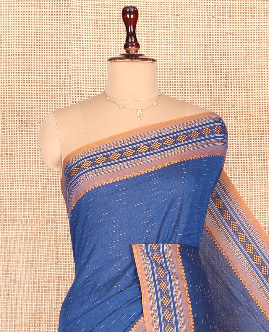 Blue Odisha Cotton Saree, Subtly Woven with Buttas All Over the Body, Complemented by a Contrast Temple Border of Geometric Thread Patterns, Pallu Depicts Geometric Patterns, and Has No Blouse