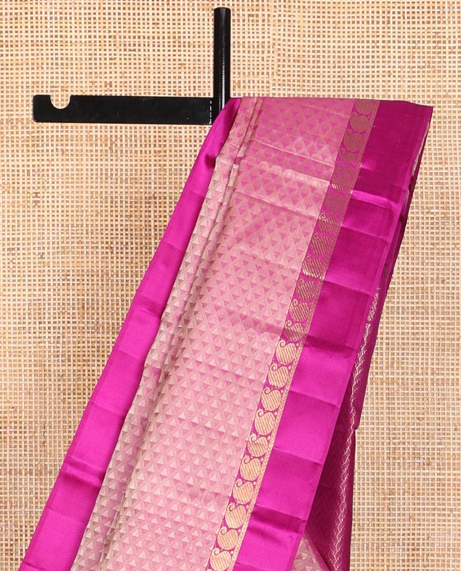 Light pink geometric design silk saree with contrast border of manga, kathir design & zari design pallu