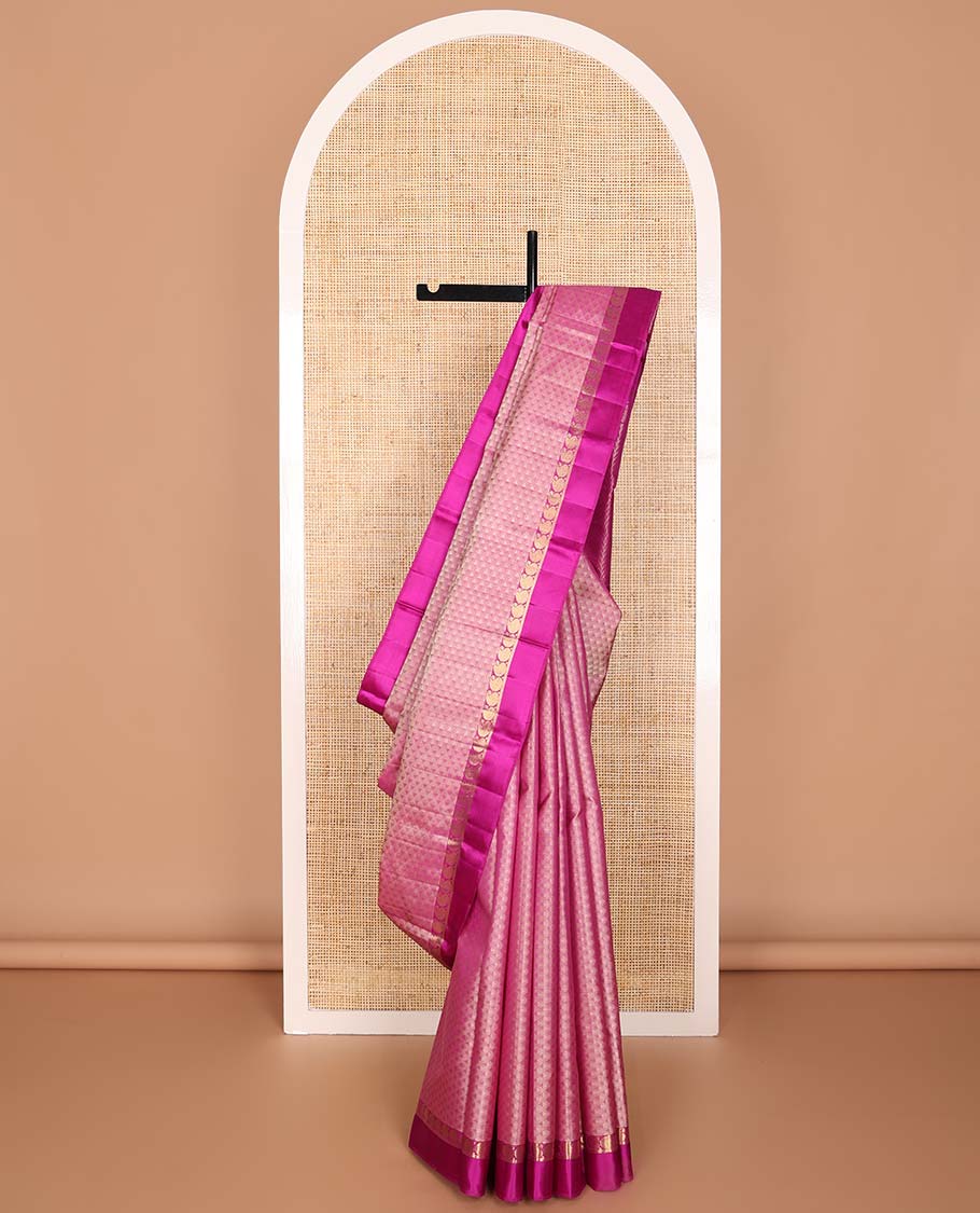 Light pink geometric design silk saree with contrast border of manga, kathir design & zari design pallu
