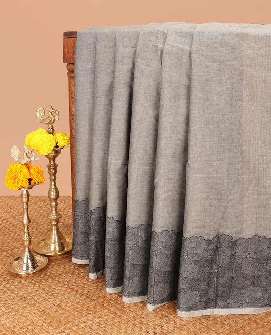 Grey coimbatore cotton saree with contrast thread border & threaded rich pallu along with striped blouse