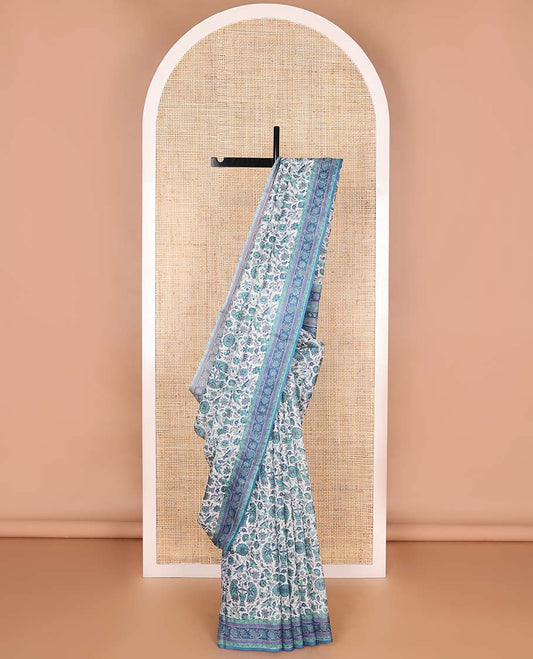 White madhubani design printed silk saree with contrast floral design border & intricate floral design pallu