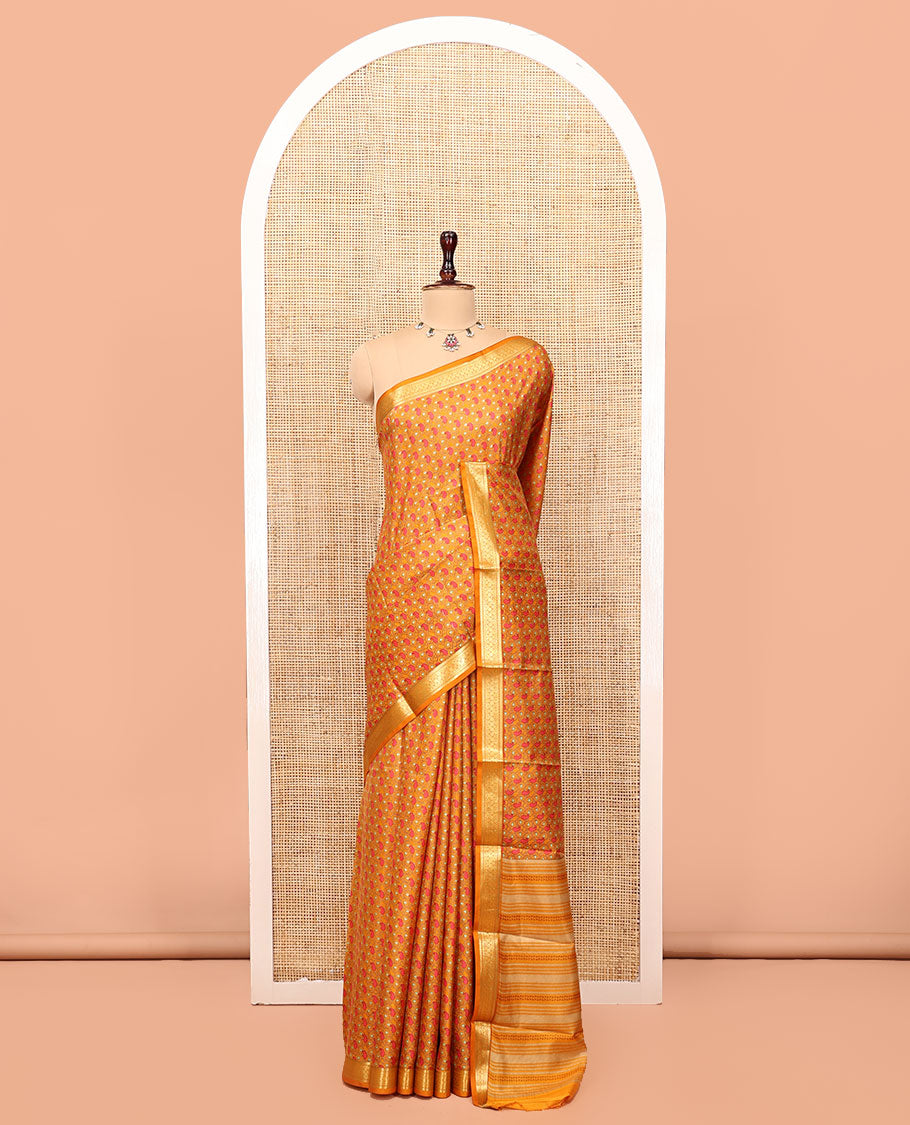 Orange Printed Silk Saree, Steeped with Paisleys, a Traditional Zari Border, Geometric Patterned Pallu, and Matching Blouse