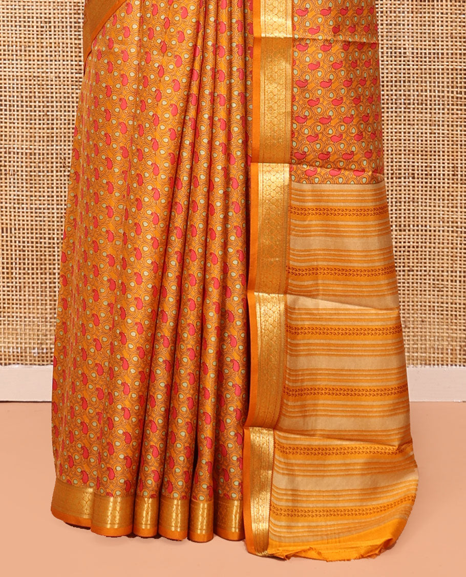 Orange Printed Silk Saree, Steeped with Paisleys, a Traditional Zari Border, Geometric Patterned Pallu, and Matching Blouse