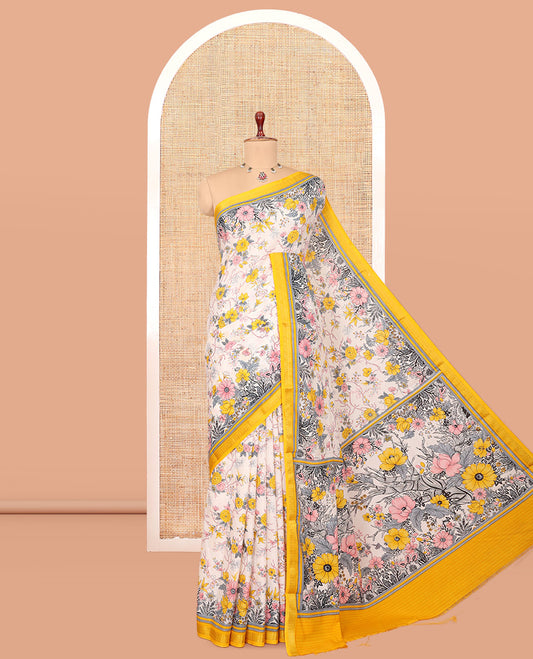 Off-White Printed Silk Saree, Elevated with Floral Vine Print, a Contrast Traditional Zari Border, Striped Pallu, and a Contrast Blouse