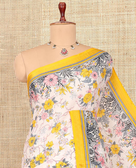 Off-White Printed Silk Saree, Elevated with Floral Vine Print, a Contrast Traditional Zari Border, Striped Pallu, and a Contrast Blouse