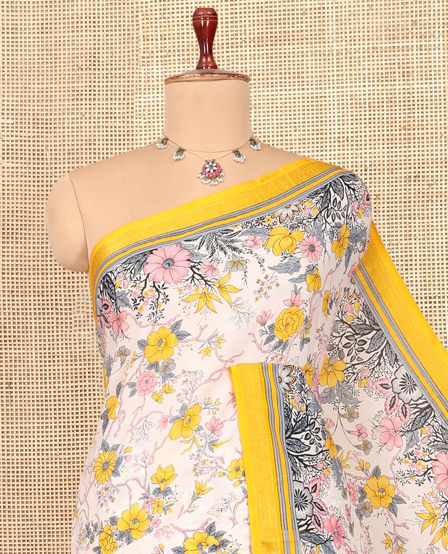 Off-White Printed Silk Saree, Elevated with Floral Vine Print, a Contrast Traditional Zari Border, Striped Pallu, and a Contrast Blouse