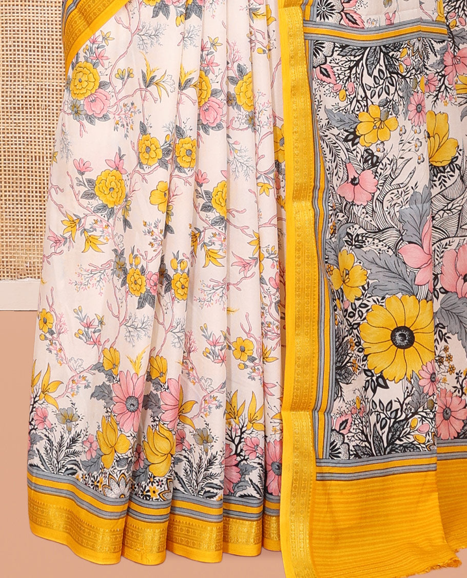 Off-White Printed Silk Saree, Elevated with Floral Vine Print, a Contrast Traditional Zari Border, Striped Pallu, and a Contrast Blouse