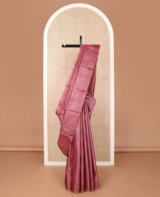 Pink zari buttas tussar saree, zari border & self-pallu of leaf designs