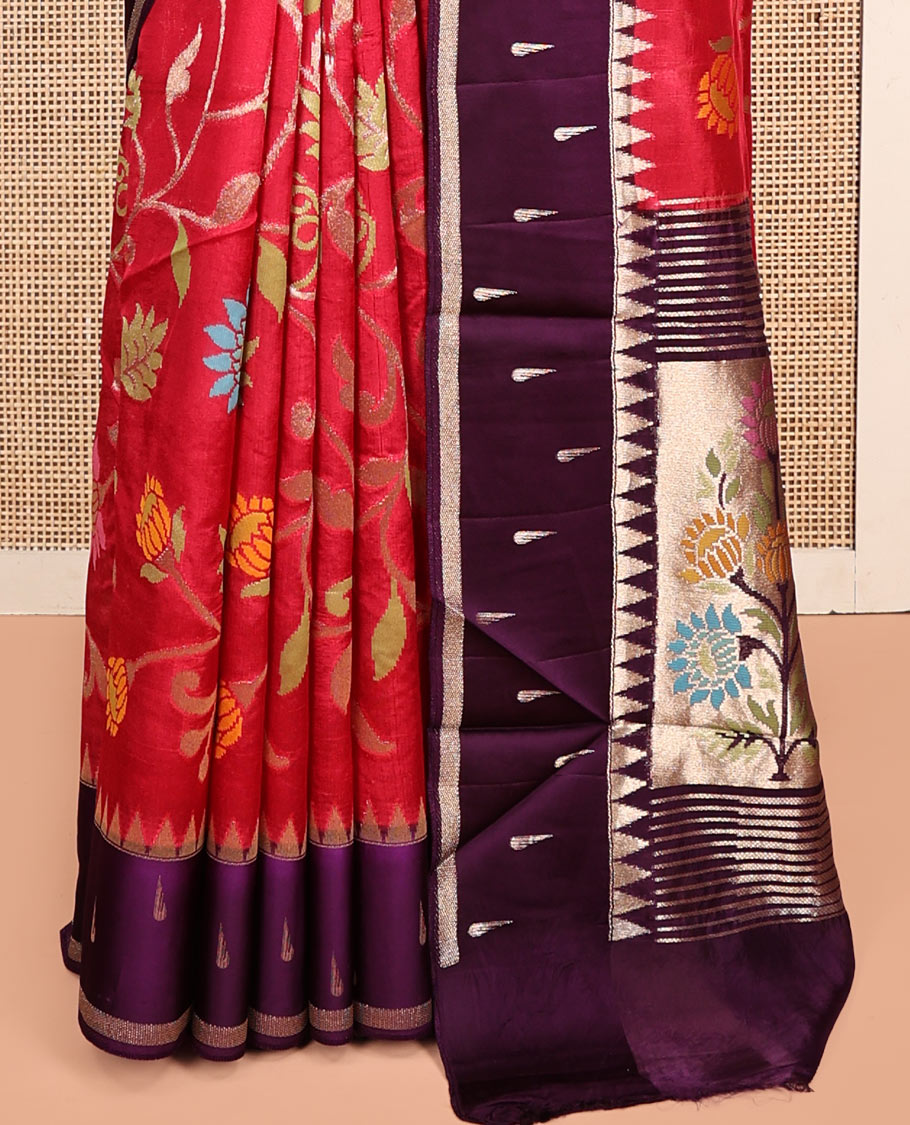 Red Matka Silk Saree, Gracefully Embellished with Meenakari Floral Vine Design All Over Its Body, Complemented by Contrast Temple Border of Buttas, Pallu of Floral Designs, and Paired with Contrast Blouse