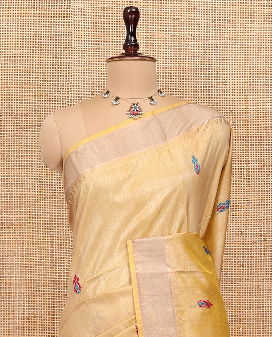 Yellow Tussar Silk Saree, Delicately Woven with Thread Buttas, a Subtle Temple Border, Pallu of Thread Designs, and a Contrast Blouse