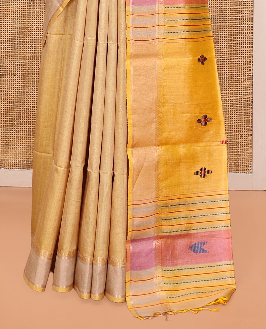 Yellow Tussar Silk Saree, Delicately Woven with Thread Buttas, a Subtle Temple Border, Pallu of Thread Designs, and a Contrast Blouse