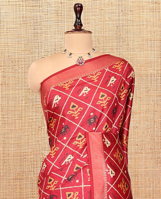 Red Tussar Silk Saree, Enthralled with Animal Butta Enclosed Jaal Design, a Temple Border, Self-Pallu, and Matching Blouse