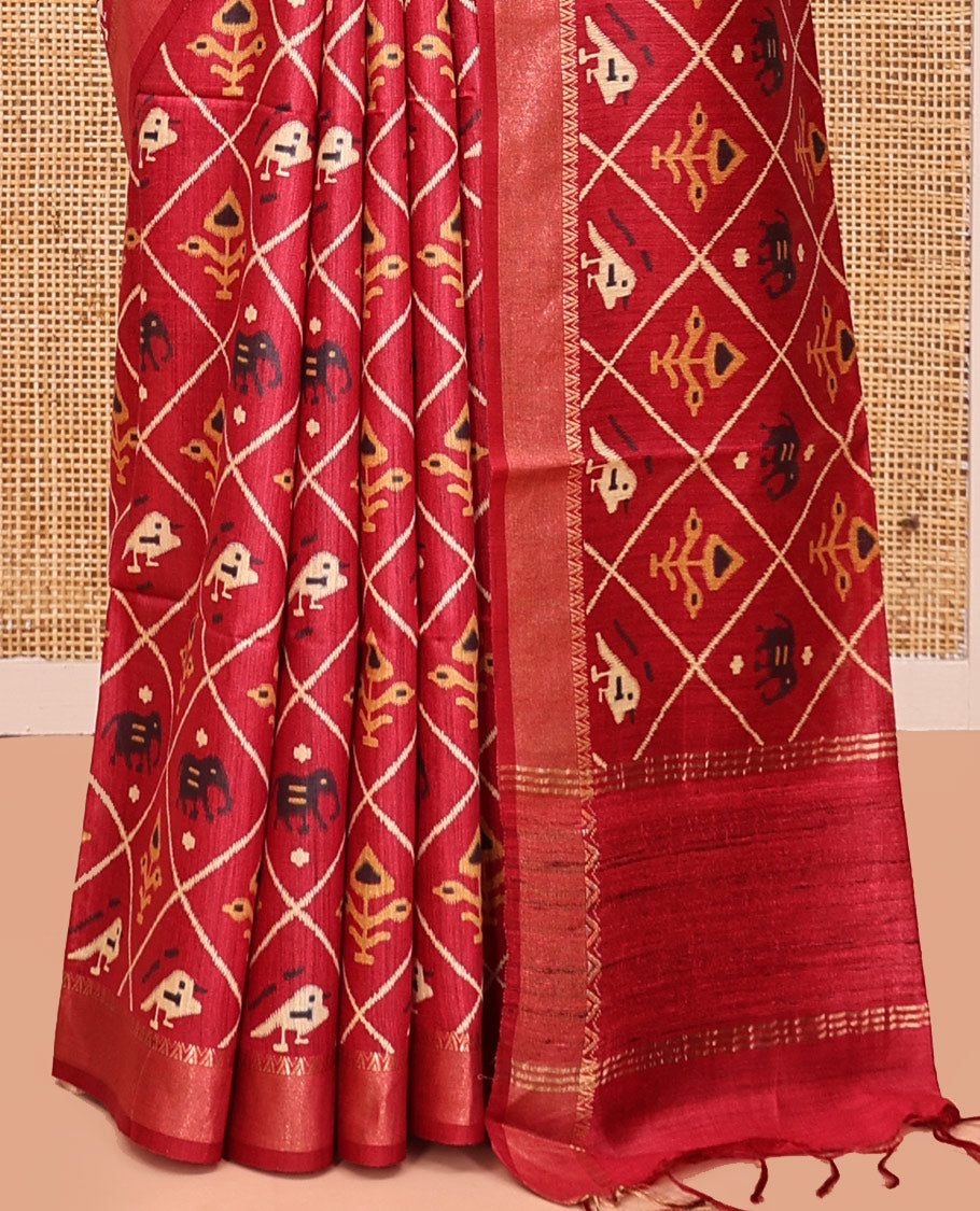 Red Tussar Silk Saree, Enthralled with Animal Butta Enclosed Jaal Design, a Temple Border, Self-Pallu, and Matching Blouse