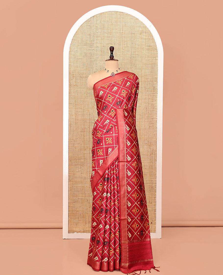 Red Tussar Silk Saree, Enthralled with Animal Butta Enclosed Jaal Design, a Temple Border, Self-Pallu, and Matching Blouse