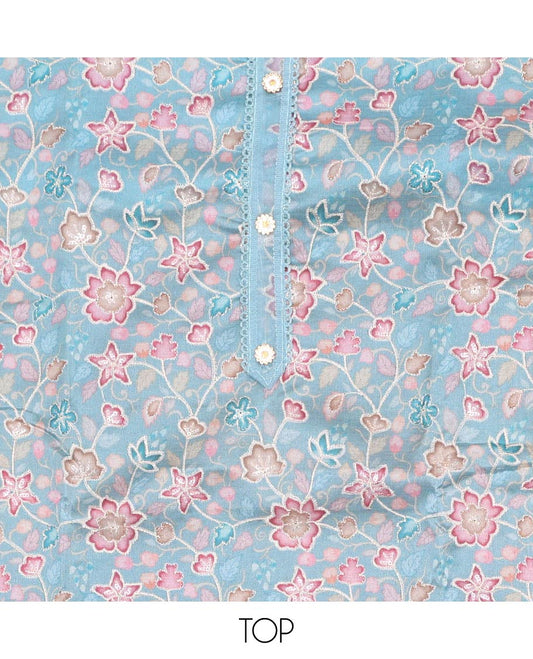 Blue chudidhar material set,floral vine design printed organza top,plain bottom & floral vine embroidery organza dupatta