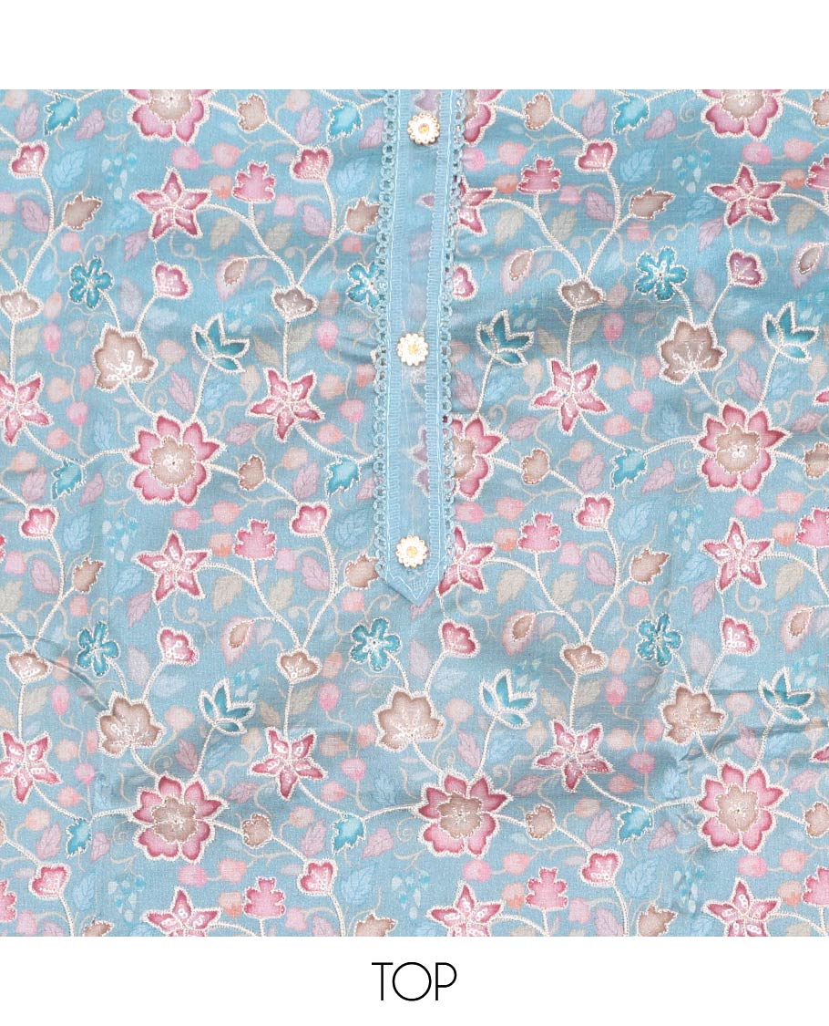 Blue chudidhar material set,floral vine design printed organza top,plain bottom & floral vine embroidery organza dupatta