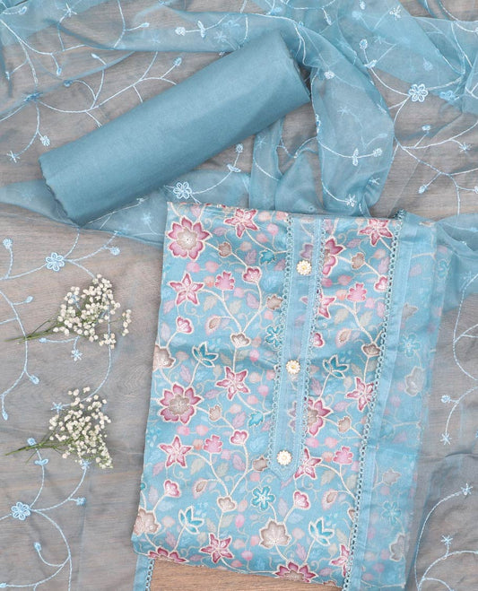 Blue chudidhar material set,floral vine design printed organza top,plain bottom & floral vine embroidery organza dupatta