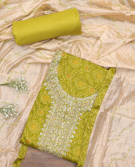 Green material churidar set, bandhani with neck embroidery cotton top, plain cotton bottom, and contrast sequins vine embroidered chanderi dupatta