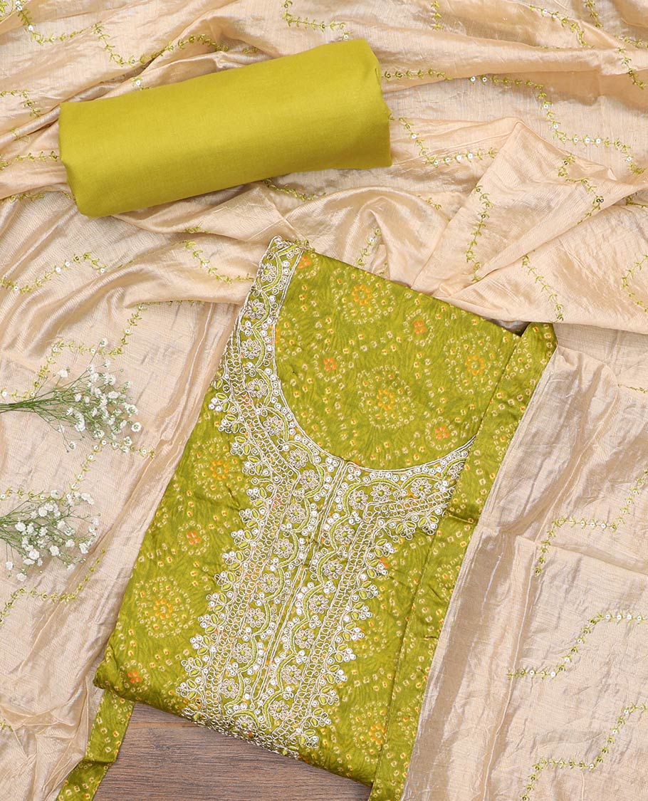 Green material churidar set, bandhani with neck embroidery cotton top, plain cotton bottom, and contrast sequins vine embroidered chanderi dupatta