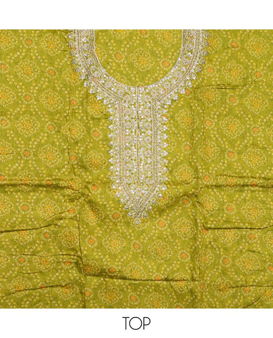 Green material churidar set, bandhani with neck embroidery cotton top, plain cotton bottom, and contrast sequins vine embroidered chanderi dupatta