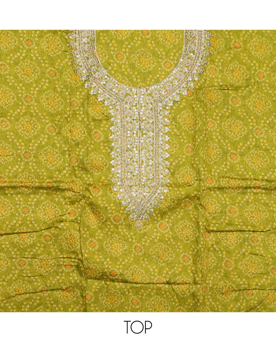 Green material churidar set, bandhani with neck embroidery cotton top, plain cotton bottom, and contrast sequins vine embroidered chanderi dupatta