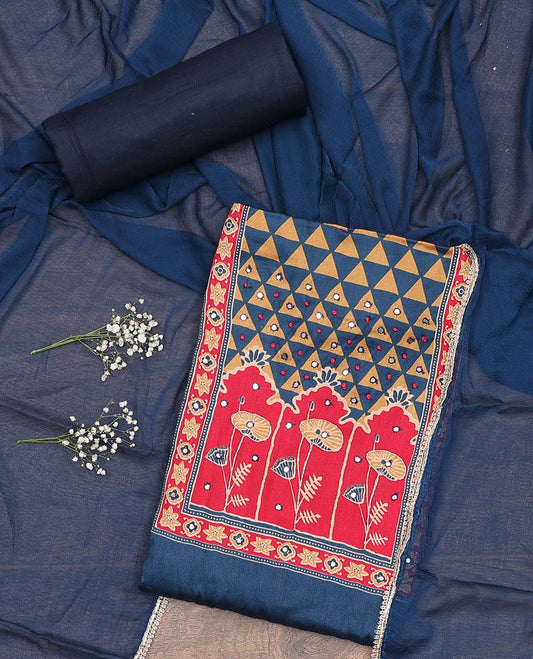 Blue material chudidar set, Ajrakh print with mirror work neck embroidered top, plain bottom, and plain lace border dupatta