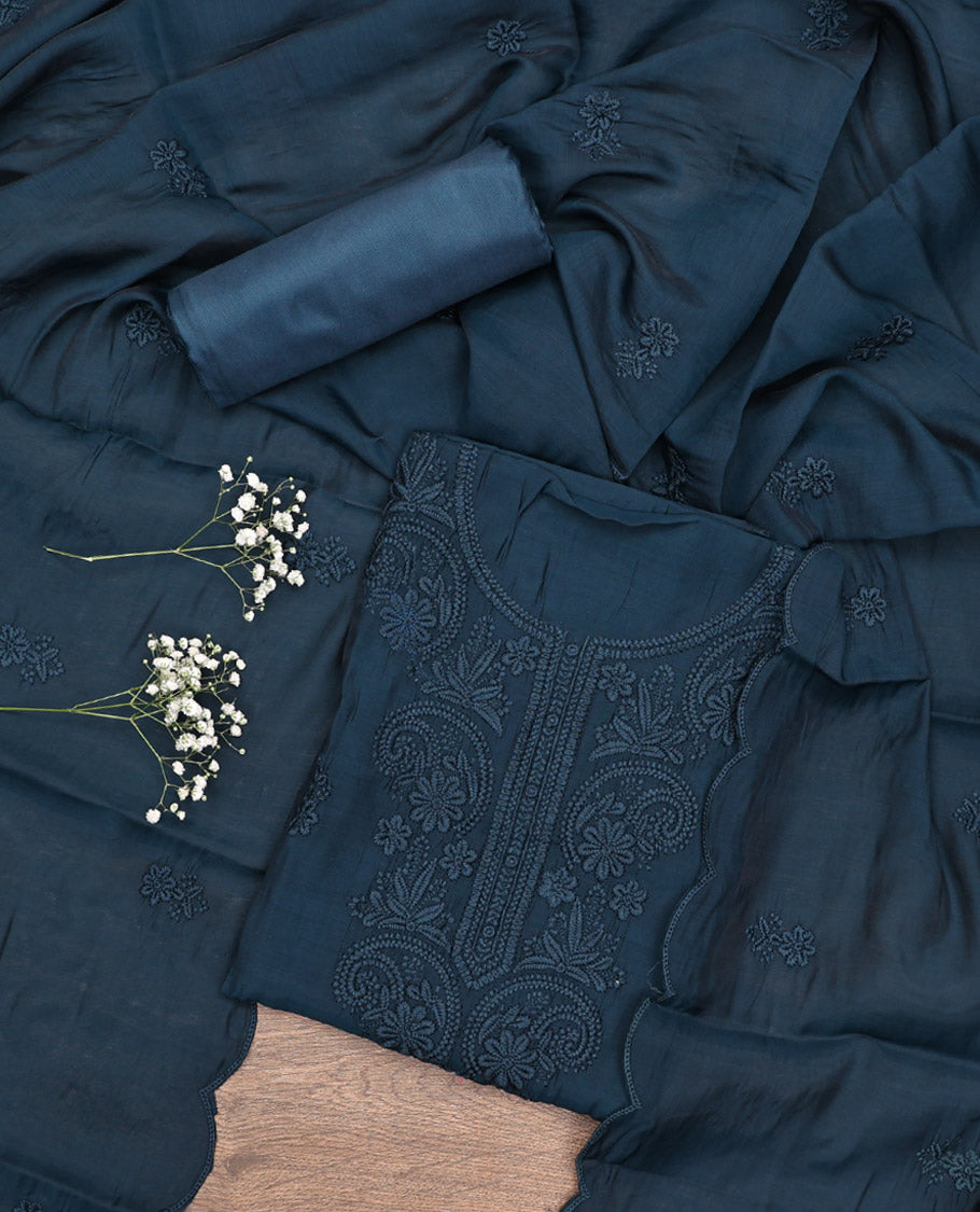 Blue Material Chudidar Set, Subtly Woven with Lucknowi Chikankari-Style Floral-Leaf Neck Embroidery on Muslin Top, a Plain Santoon Bottom, and Paired with a Lucknowi Chikankari-Style Embroidered Muslin Scallop Dupatta