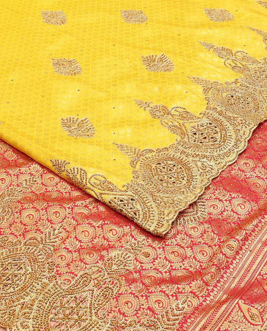 Yellow jacquard embroidered silk saree, stone embroidered scallop zari design cut work border & contrast zari woven & stone embroidered pallu