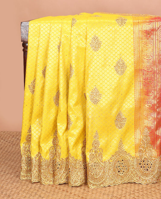 Yellow jacquard embroidered silk saree, stone embroidered scallop zari design cut work border & contrast zari woven & stone embroidered pallu