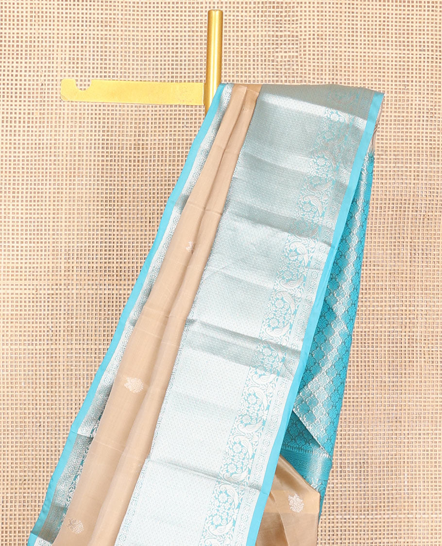 Sandal zari buttas Vasundhara silk mix saree, contrast border of jadai nagam, then kuli kann & kili motifs & rettai manga steeped pallu