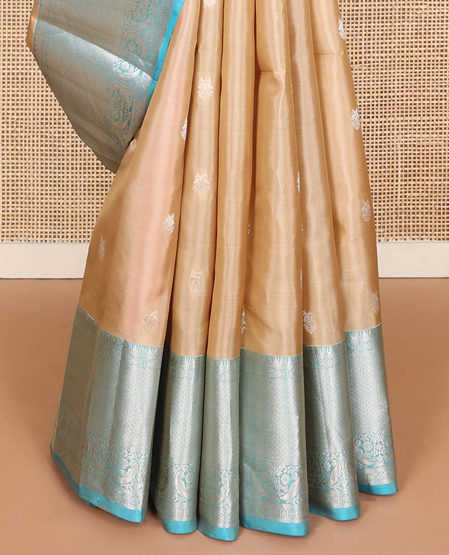 Sandal zari buttas Vasundhara silk mix saree, contrast border of jadai nagam, then kuli kann & kili motifs & rettai manga steeped pallu