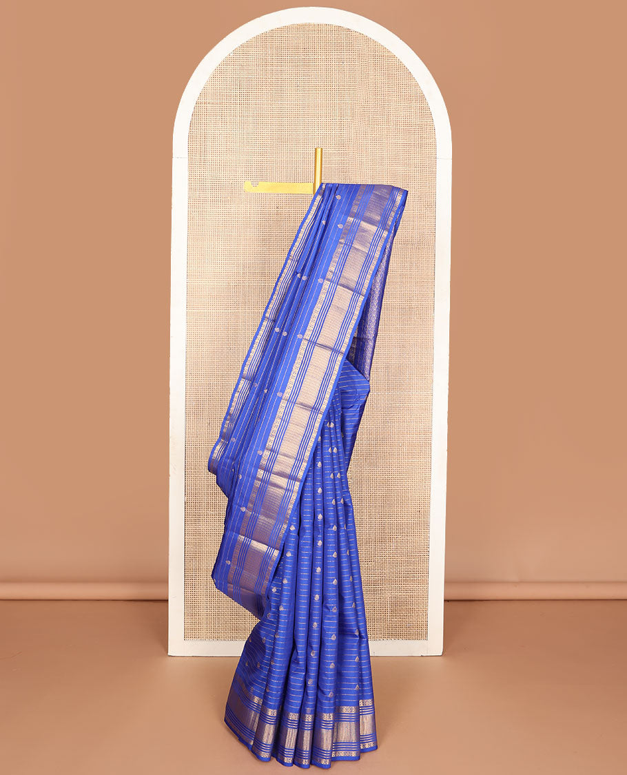 Blue zari designs silk saree, traditional zari border & drop motifs woven pallu