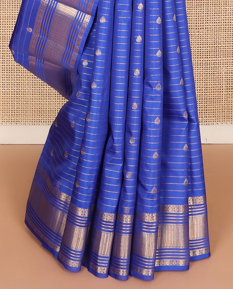 Blue zari designs silk saree, traditional zari border & drop motifs woven pallu